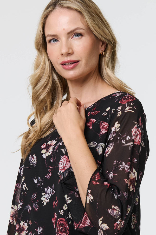 Black | Floral Semi Sheer Hanky Hem Blouse
