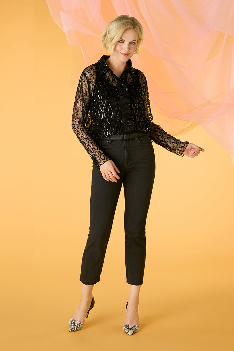 Sheer long sleeve button down top on sale