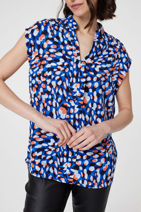 Blue | Printed Cap Sleeve Blouse Top