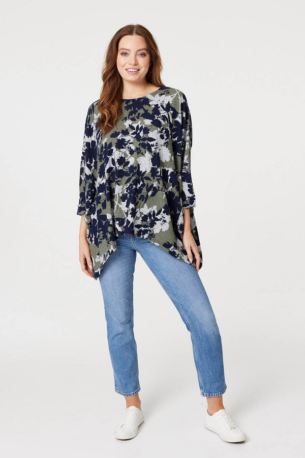 Green | Leaf Print Oversized Blouse Top