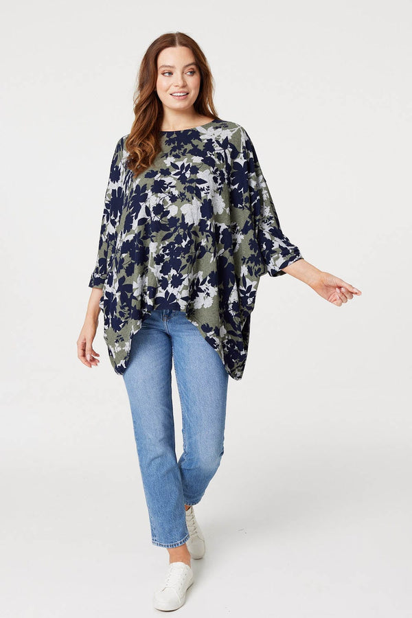 Green | Leaf Print Oversized Blouse Top