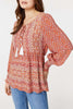 Orange | Printed Tassel Drawstring Blouse