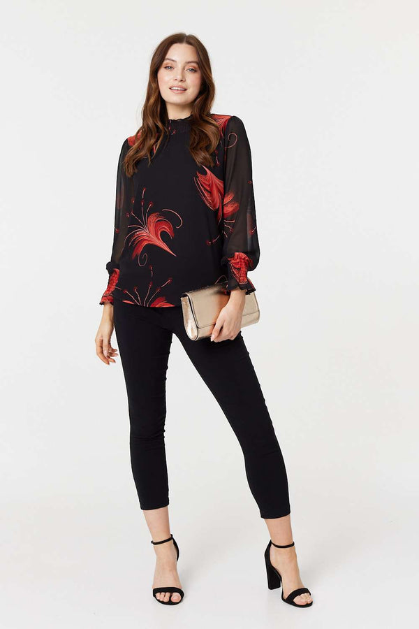 Black | Floral Print High Neck Sheer Blouse