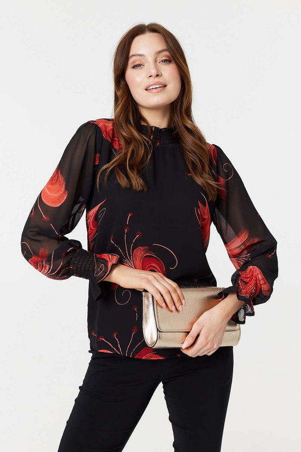 Black | Floral Print High Neck Sheer Blouse