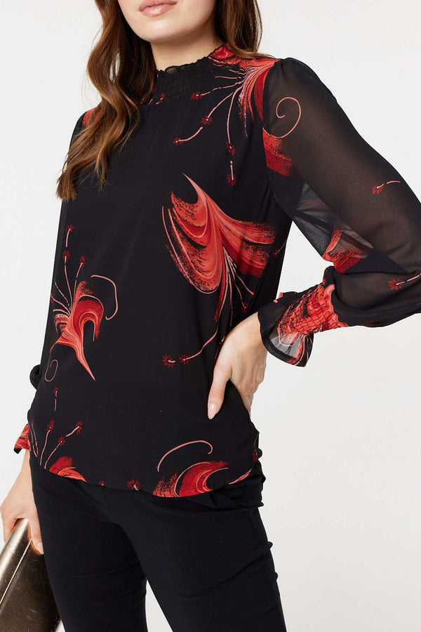 Black | Floral Print High Neck Sheer Blouse