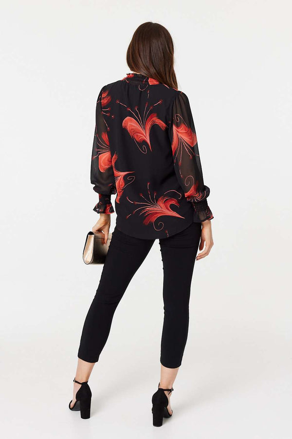 Black | Floral Print High Neck Sheer Blouse