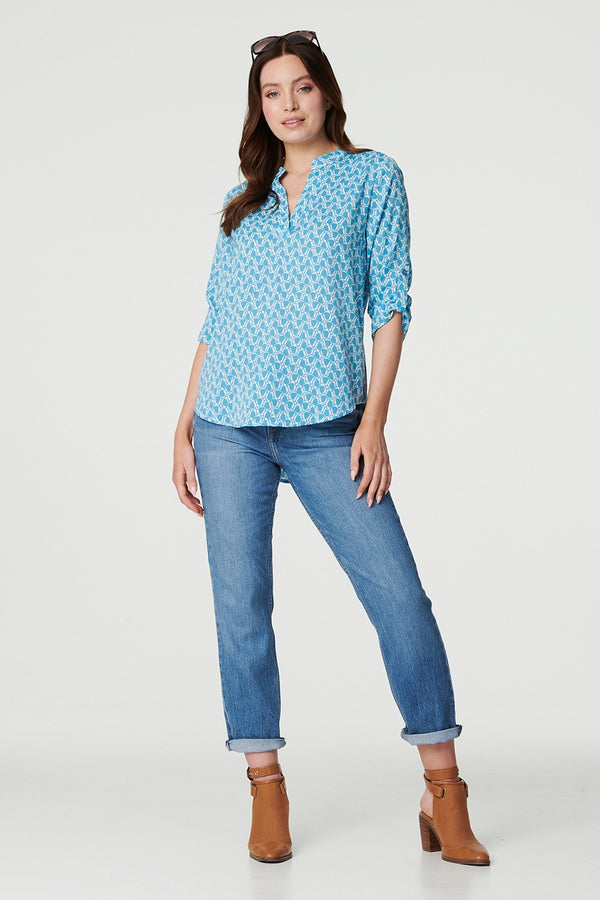 Blue | Printed 3/4 Turn-Up Sleeve Blouse