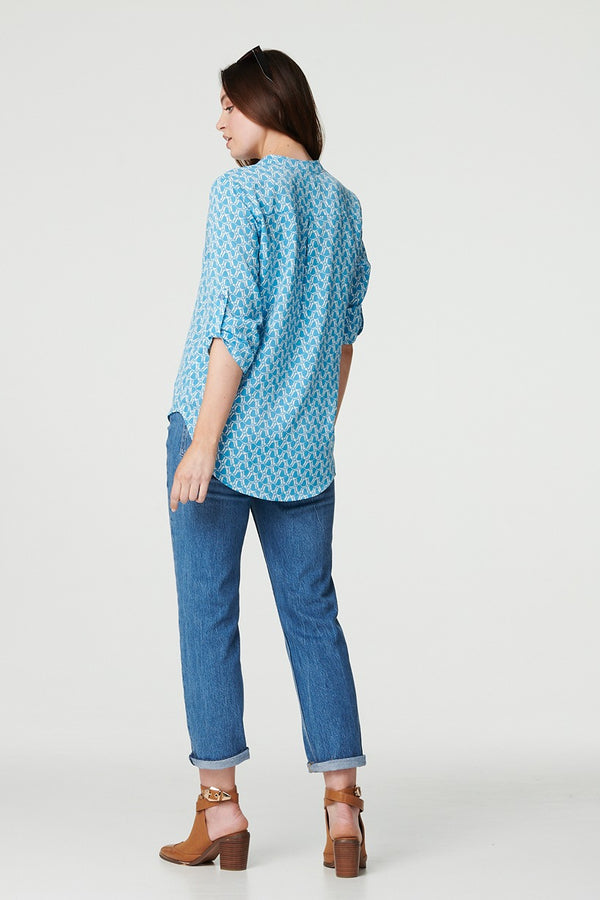 Blue | Printed 3/4 Turn-Up Sleeve Blouse