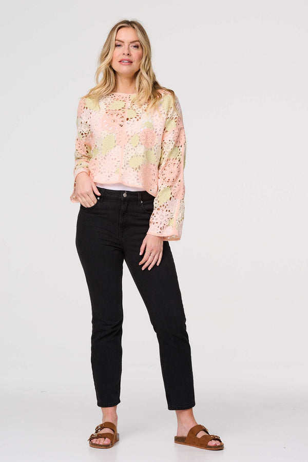 Pink | Floral Crochet Cropped Long Sleeve Top