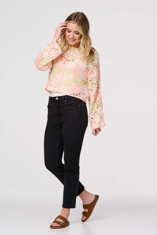 Pink | Floral Crochet Cropped Long Sleeve Top