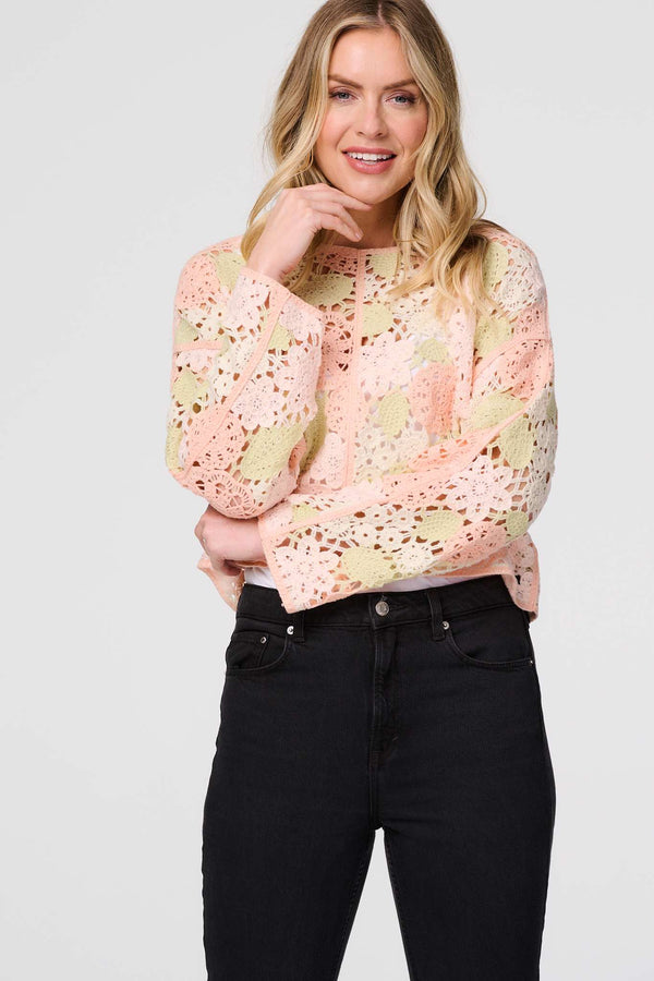 Pink | Floral Crochet Cropped Long Sleeve Top