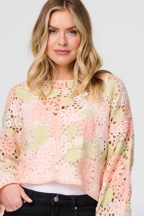 Pink | Floral Crochet Cropped Long Sleeve Top