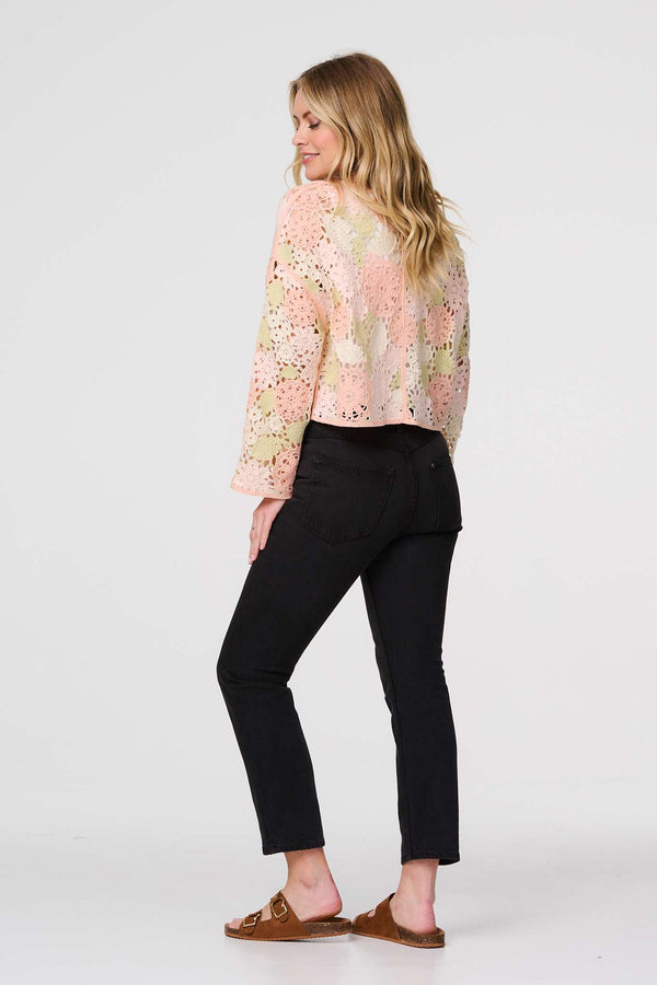 Pink | Floral Crochet Cropped Long Sleeve Top