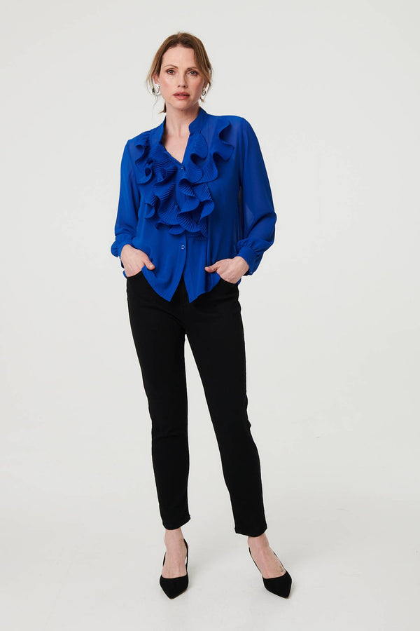 Blue | Sheer Ruffled V-Neck Long Sleeve Blouse
