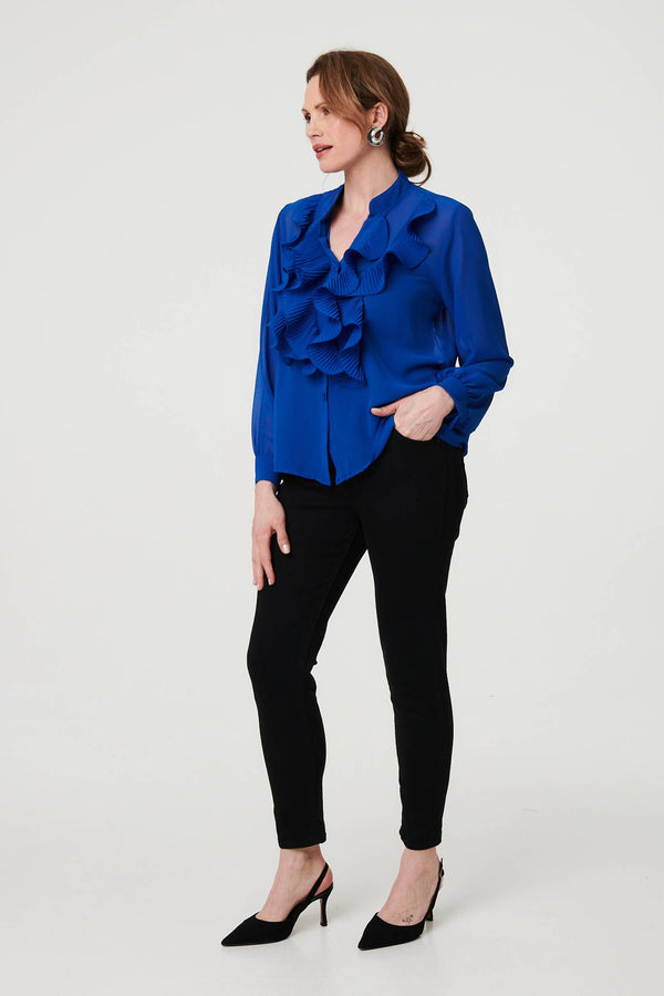 Blue | Sheer Ruffled V-Neck Long Sleeve Blouse
