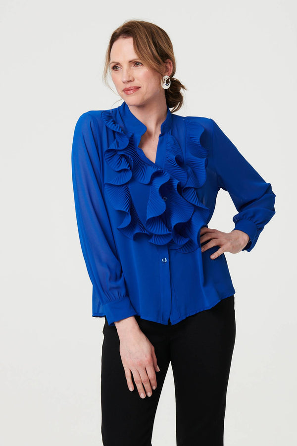 Blue | Sheer Ruffled V-Neck Long Sleeve Blouse
