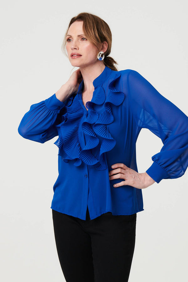 Blue | Sheer Ruffled V-Neck Long Sleeve Blouse
