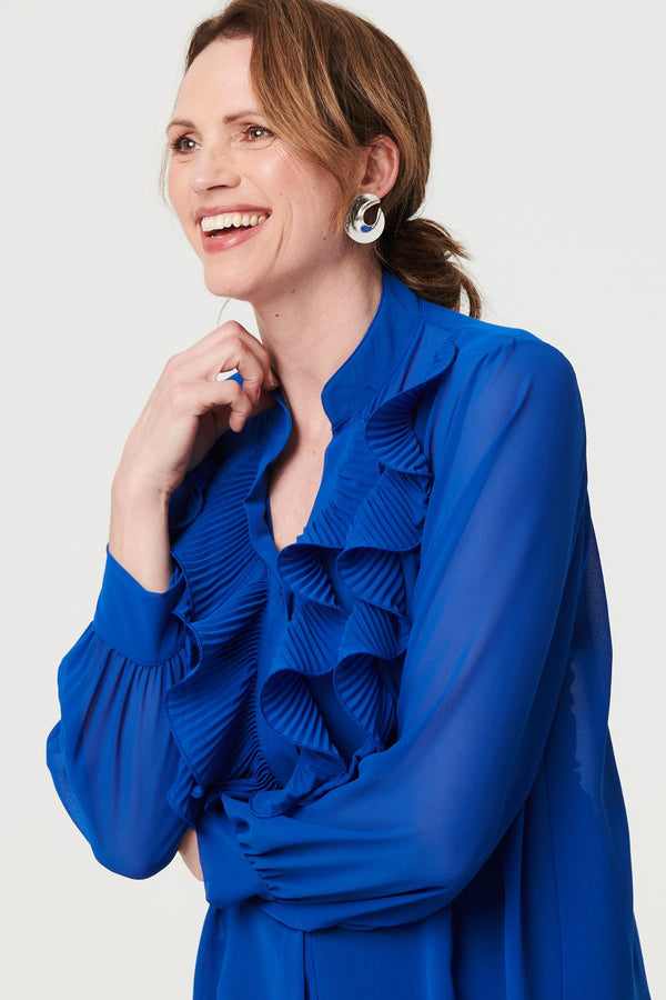 Blue | Sheer Ruffled V-Neck Long Sleeve Blouse
