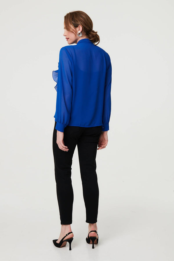 Blue | Sheer Ruffled V-Neck Long Sleeve Blouse
