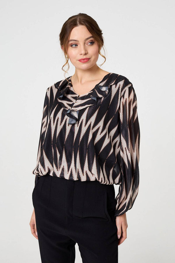 Black | Printed Semi Sheer Ruffled V-Neck Blouse
