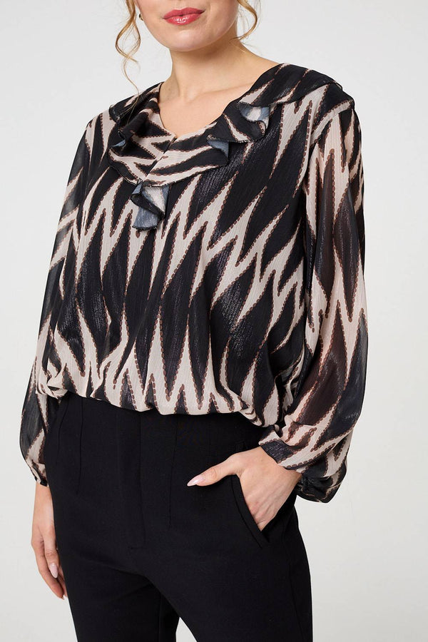 Black | Printed Semi Sheer Ruffled V-Neck Blouse
