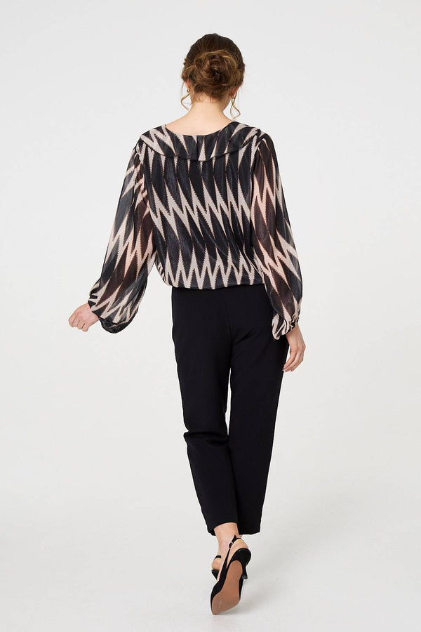 Black | Printed Semi Sheer Ruffled V-Neck Blouse
