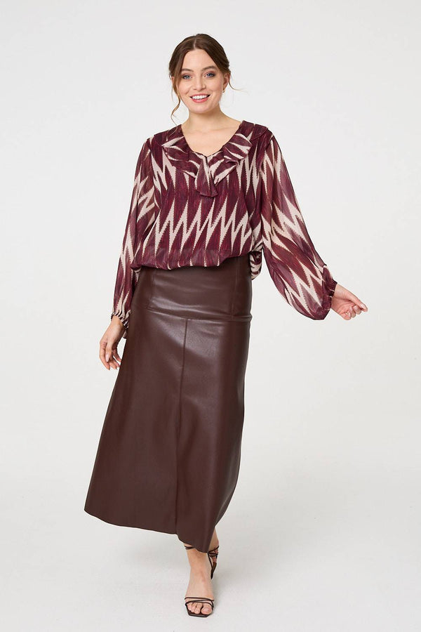 Burgundy | Printed Semi Sheer Ruffled V-Neck Blouse

