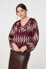 Burgundy | Printed Semi Sheer Ruffled V-Neck Blouse
