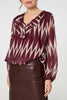 Burgundy | Printed Semi Sheer Ruffled V-Neck Blouse

