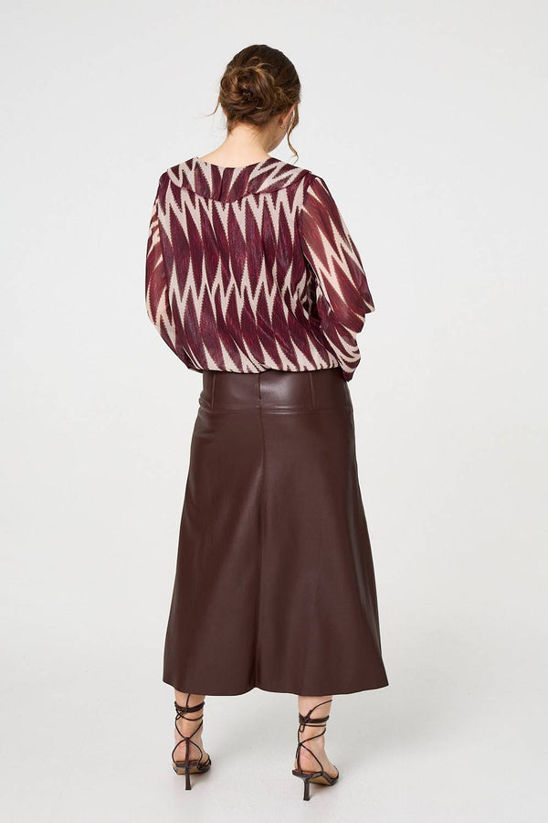 Burgundy | Printed Semi Sheer Ruffled V-Neck Blouse
