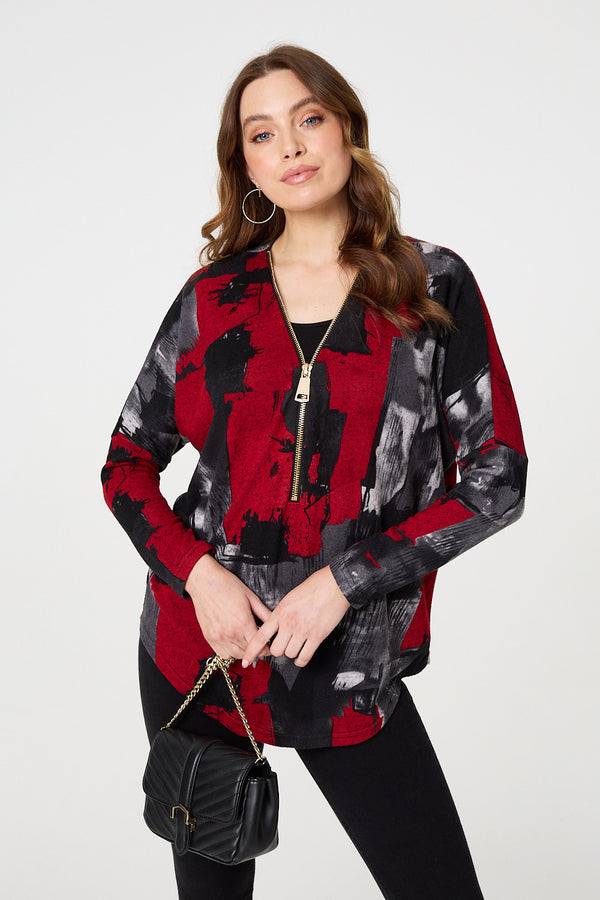 Red | Abstract Zip Front Long Sleeve Top
