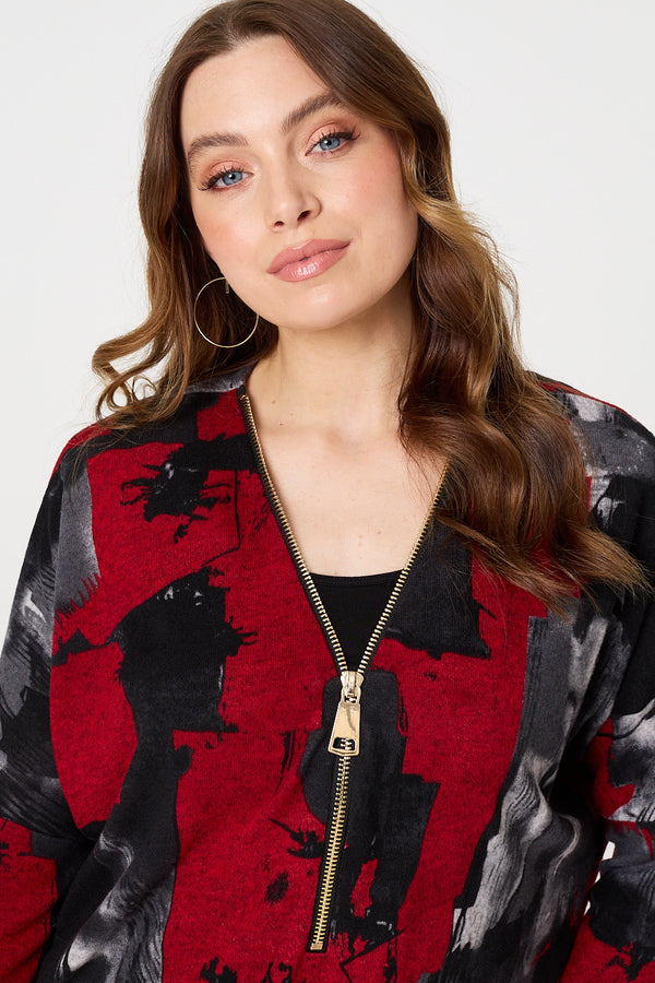 Red | Abstract Zip Front Long Sleeve Top
