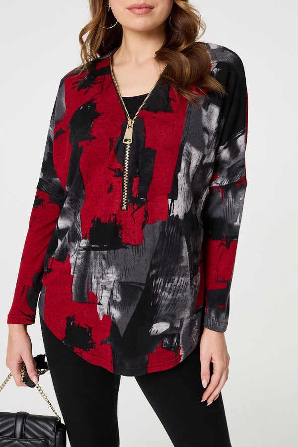 Red | Abstract Zip Front Long Sleeve Top
