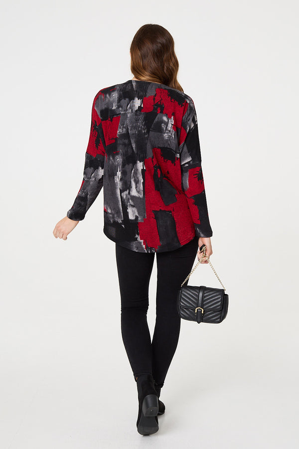 Red | Abstract Zip Front Long Sleeve Top
