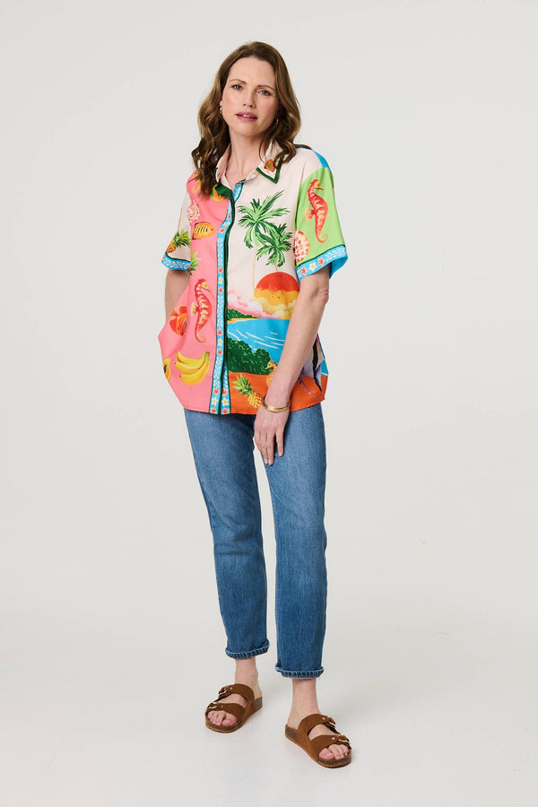 White | Tropical Print Short Sleeve Shirt
