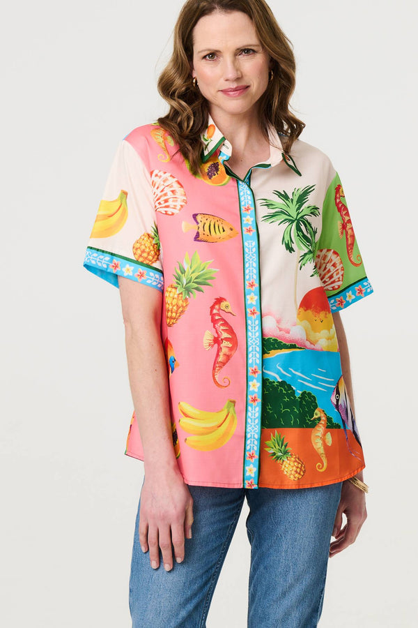 White | Tropical Print Short Sleeve Shirt
