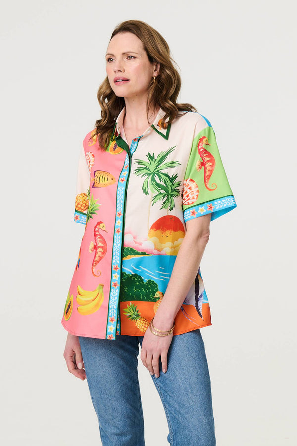 White | Tropical Print Short Sleeve Shirt
