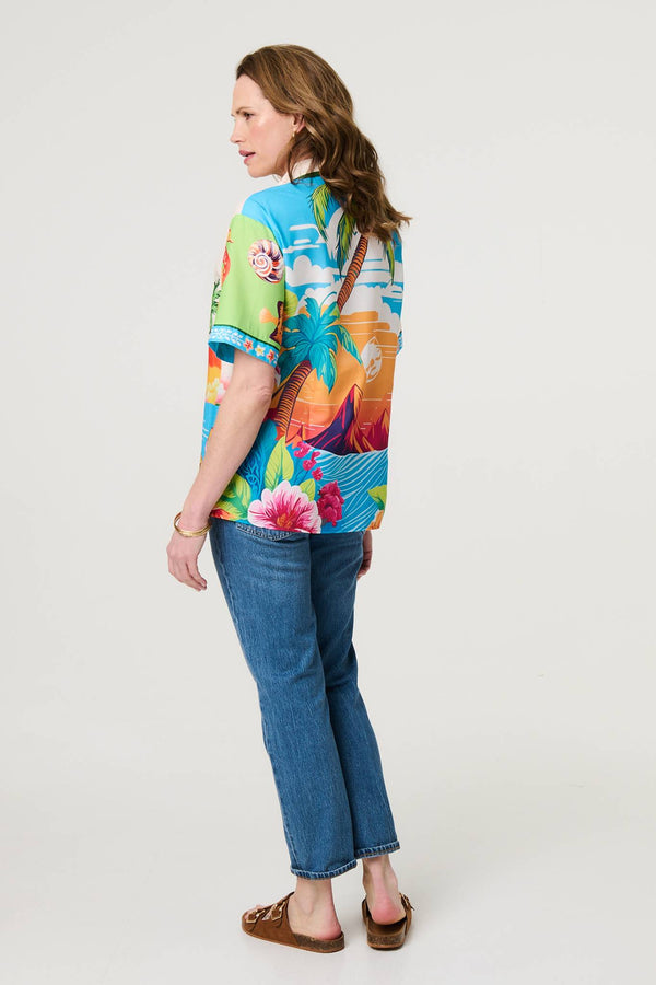 White | Tropical Print Short Sleeve Shirt
