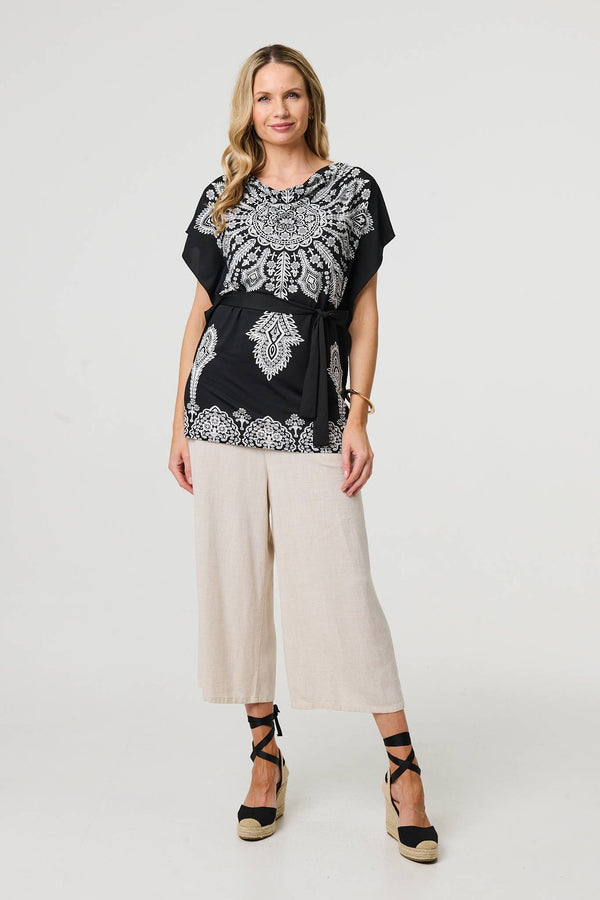 Black | Paisley Print Tie Waist Kimono Blouse Top
