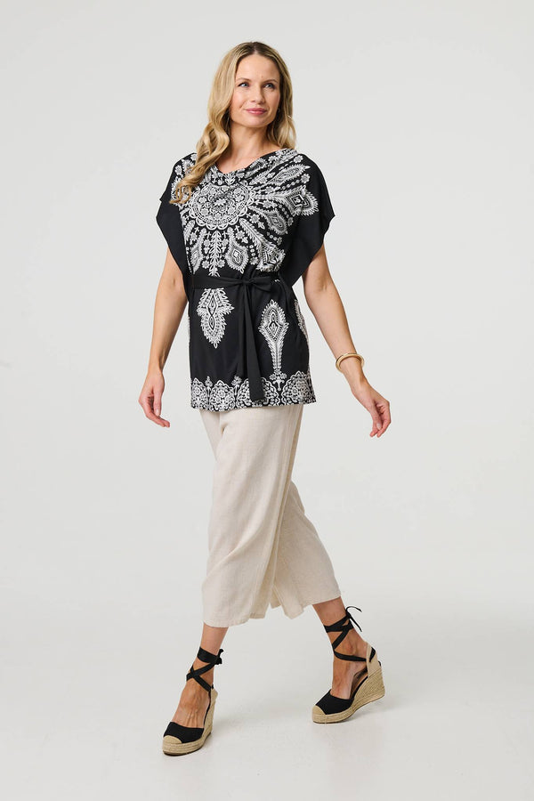 Black | Paisley Print Tie Waist Kimono Blouse Top
