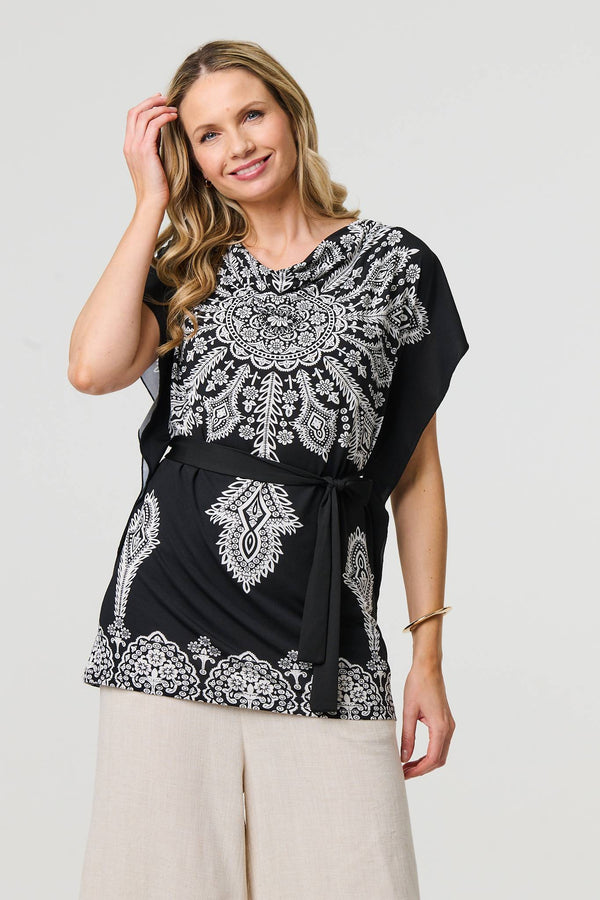 Black | Paisley Print Tie Waist Kimono Blouse Top

