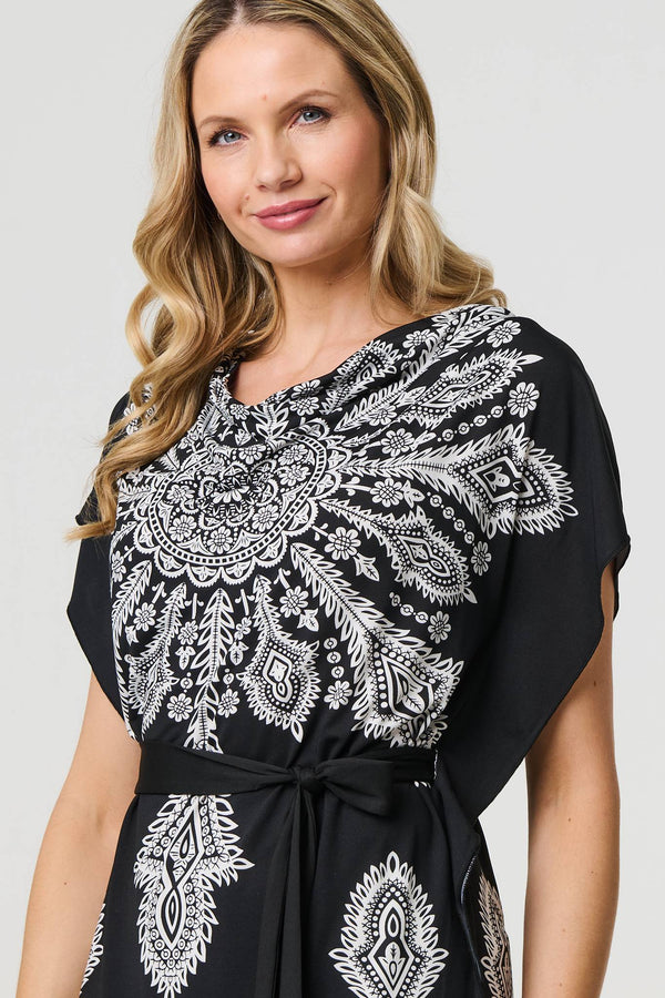 Black | Paisley Print Tie Waist Kimono Blouse Top
