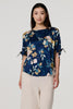 Navy | Floral Split Sleeve Satin Blouse