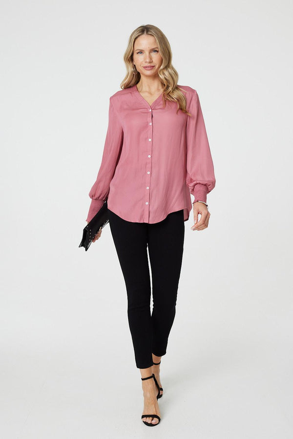 Pink | Collarless Button Up Long Sleeve Shirt