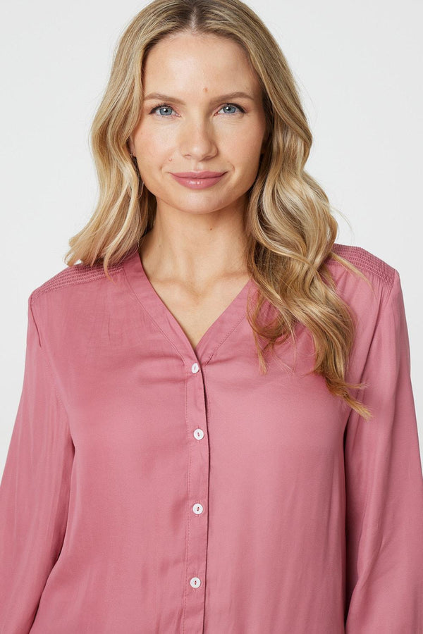 Pink | Collarless Button Up Long Sleeve Shirt