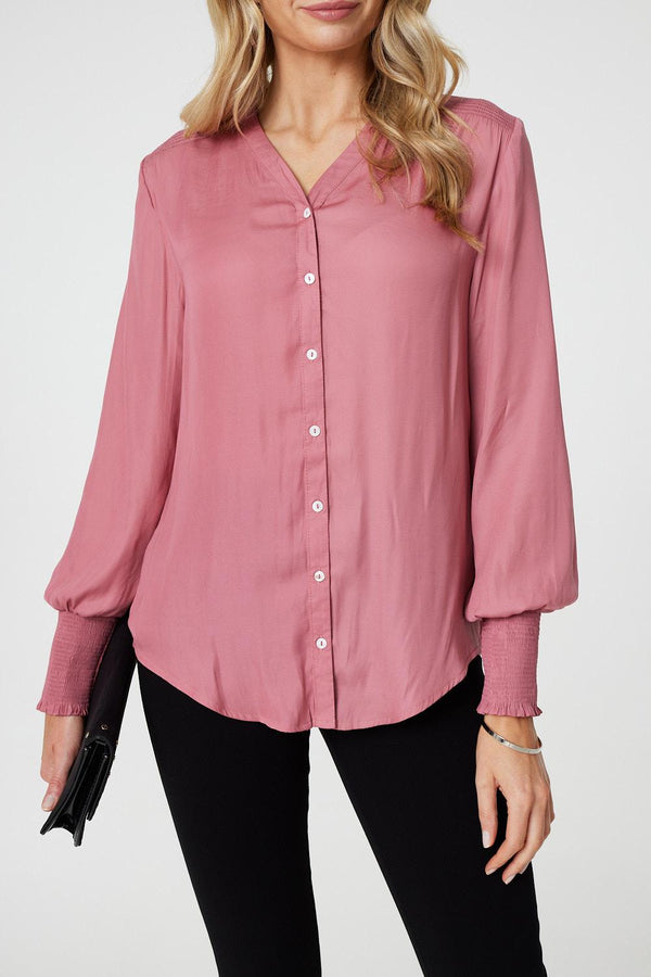 Pink | Collarless Button Up Long Sleeve Shirt