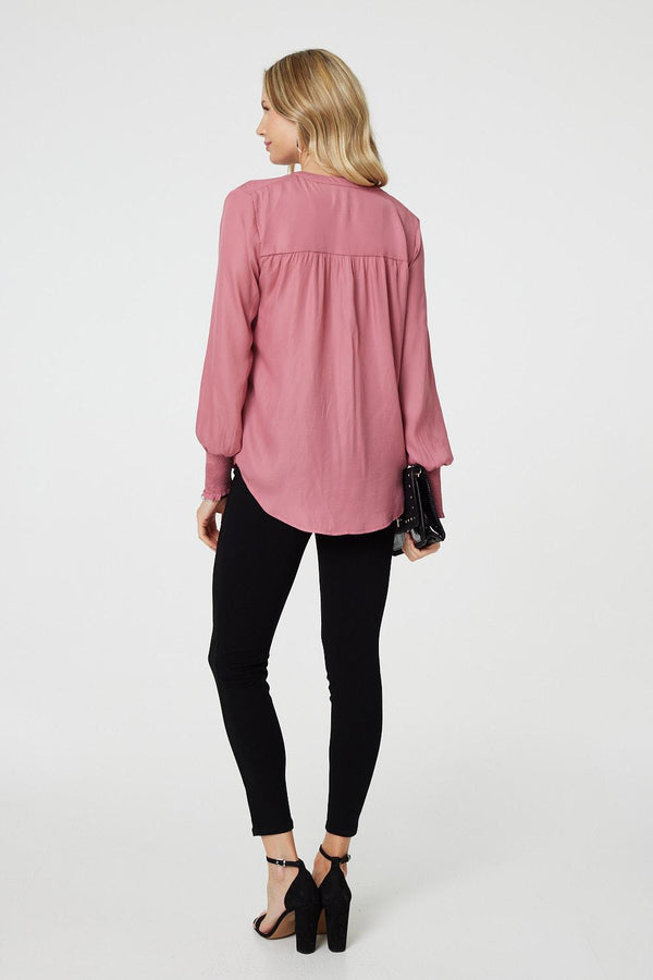 Pink | Collarless Button Up Long Sleeve Shirt