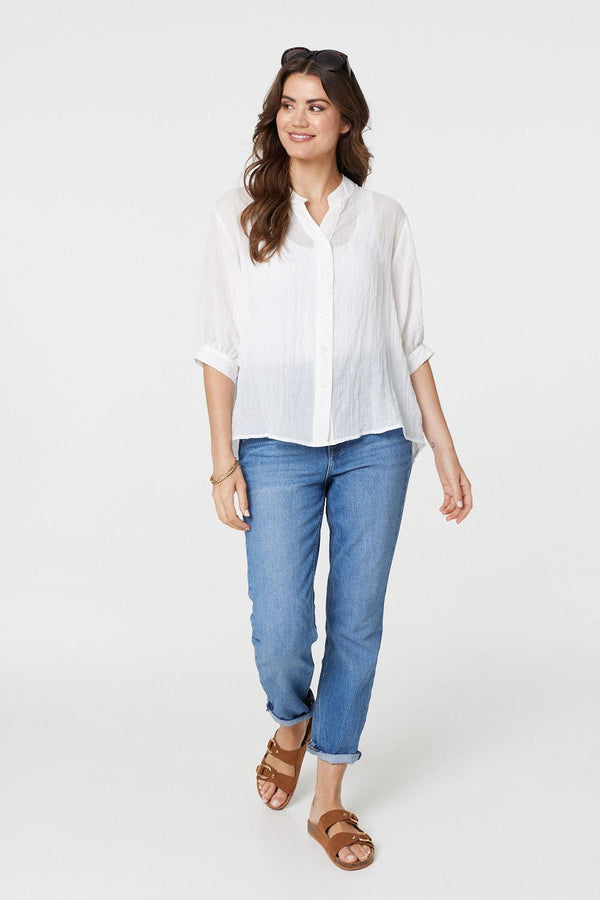 White | Collarless Button Back 3/4 Sleeve Blouse