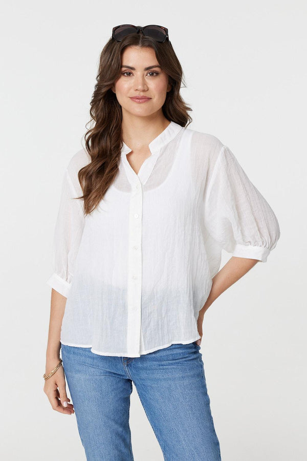 White | Collarless Button Back 3/4 Sleeve Blouse