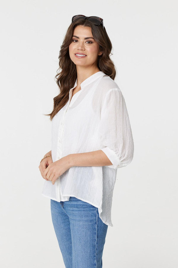 White | Collarless Button Back 3/4 Sleeve Blouse